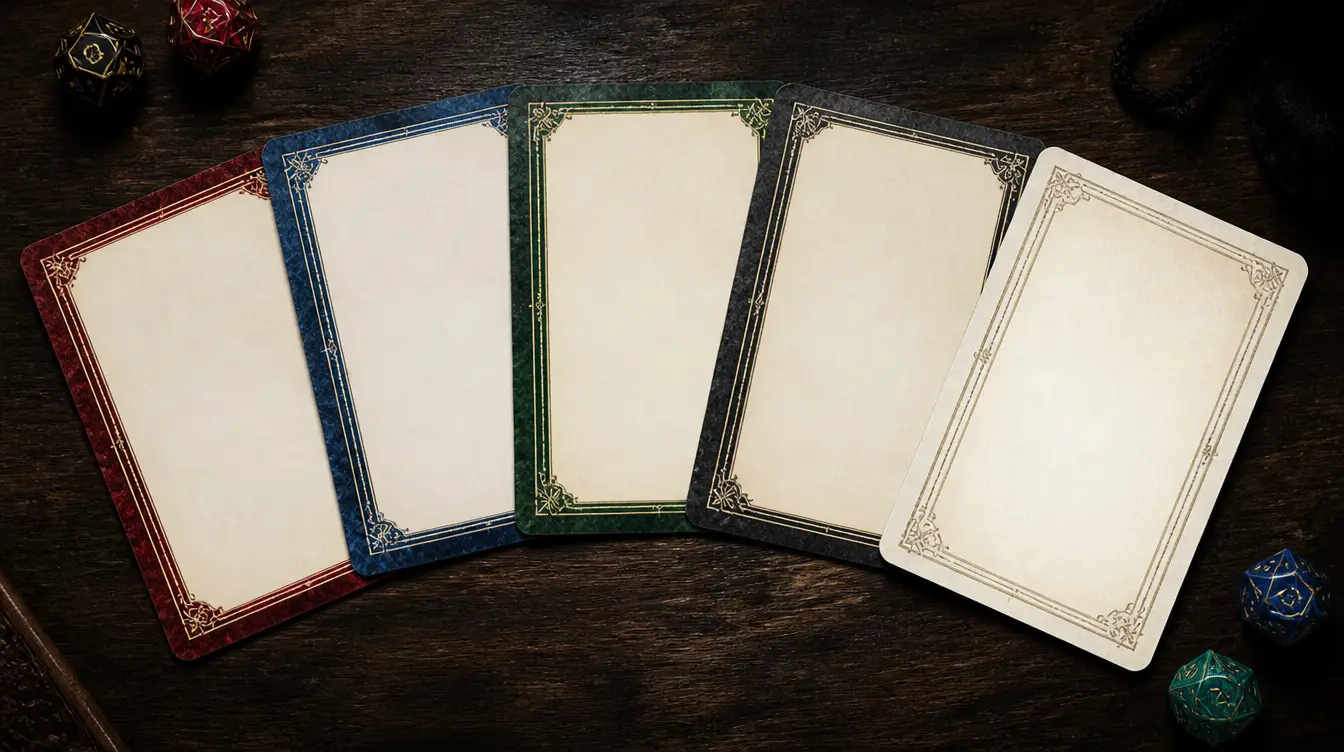 Five blank fantasy trading cards with ornate red, blue, green, black, and white borders fanned out on a dark table with dice