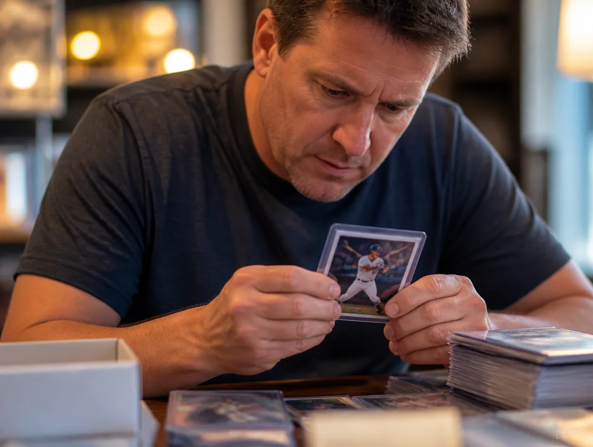Collector appraising a premium custom baseball card