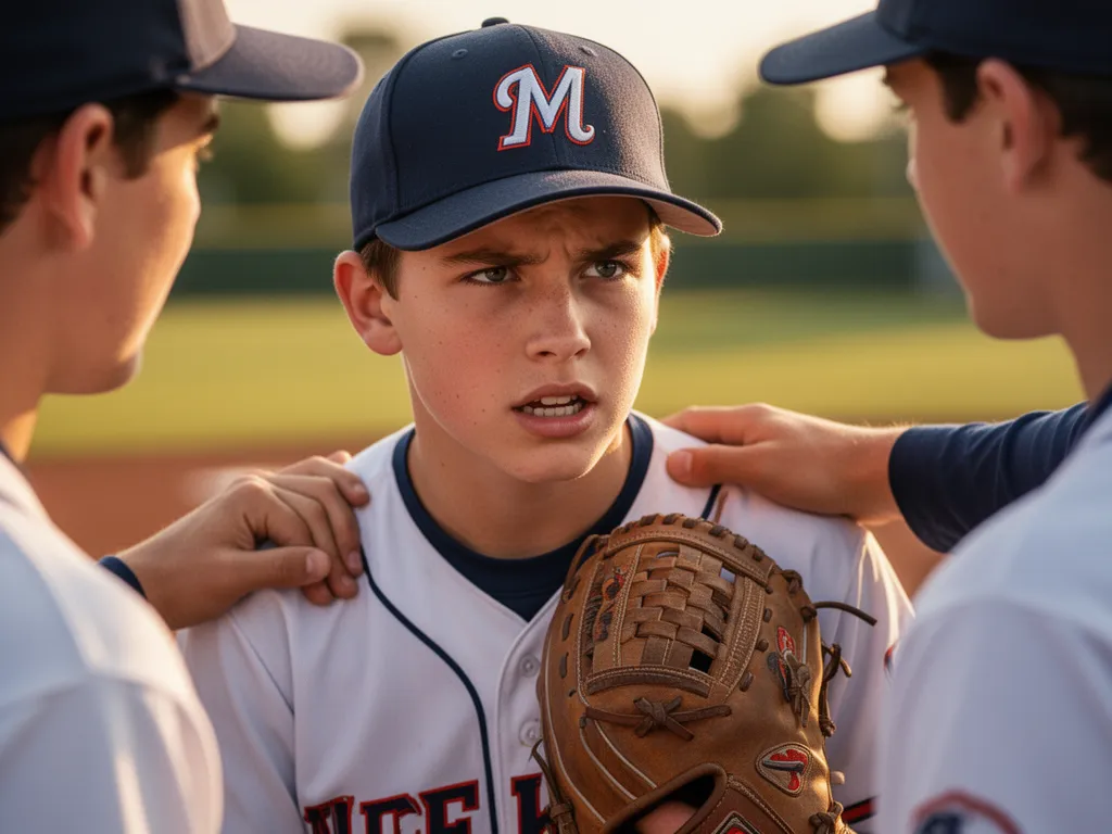 Youth baseball player holding custom Snapshot trading card in team uniform at dugout