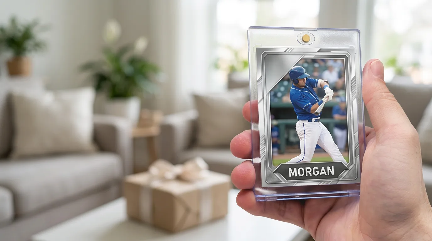 best gifts for 10 year old boy who loves sports: a custom printed trading card in a magnetic case, held in hand
