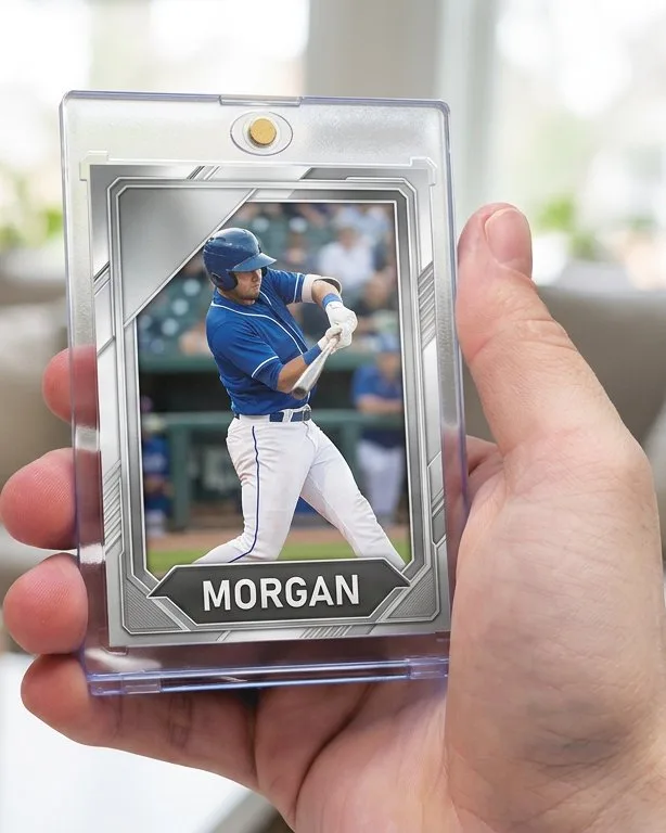 Close-up of a custom trading card in a magnetic case for best gifts for 10 year old boy who loves sports