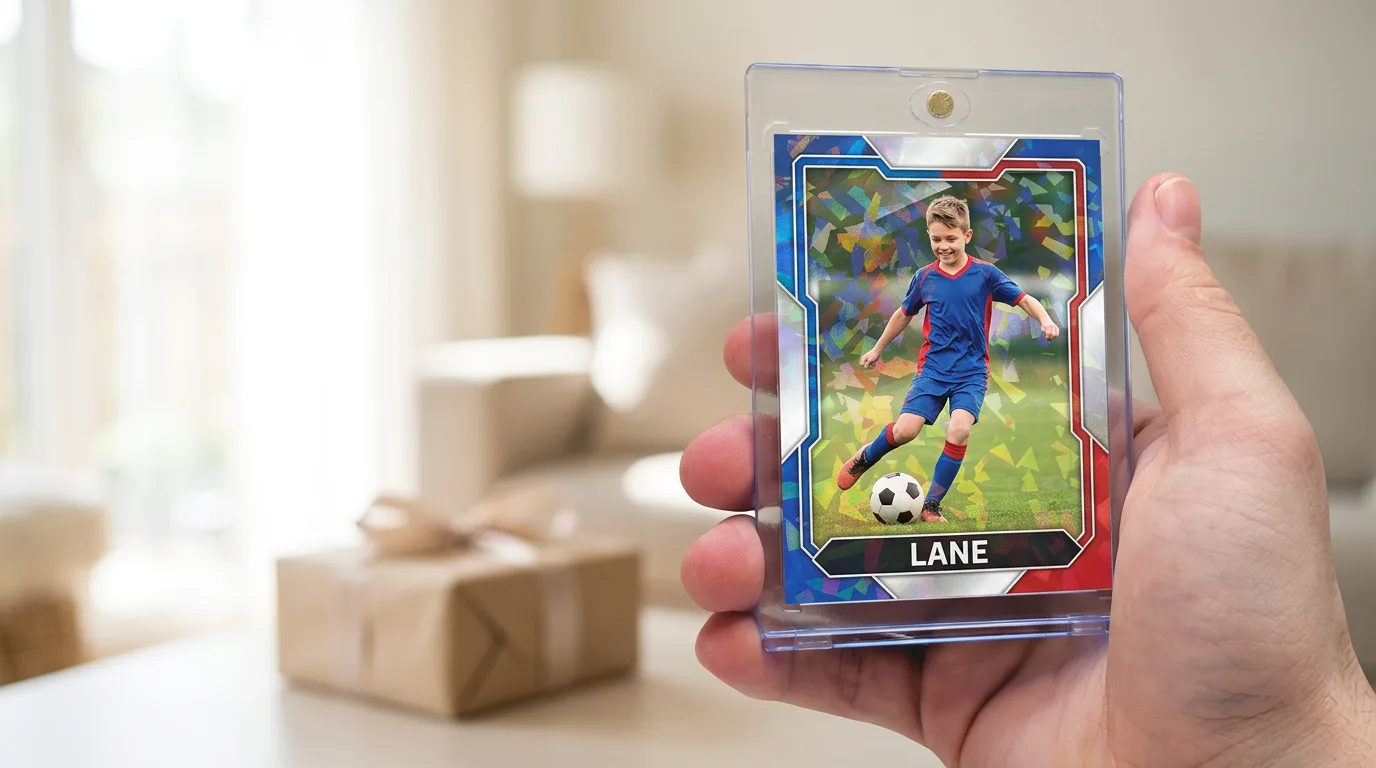best gifts for kids who love sports: a custom printed trading card in a magnetic case, held in hand