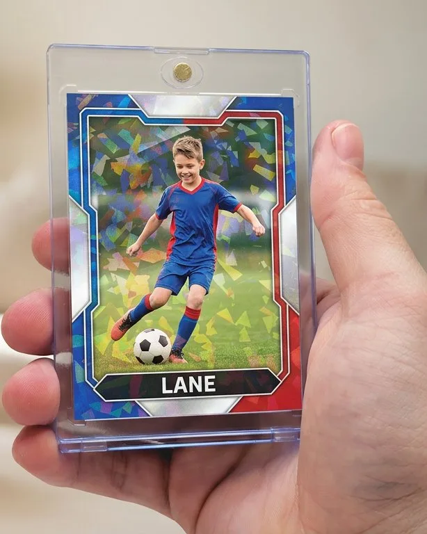 Close-up of a custom trading card in a magnetic case for best gifts for kids who love sports