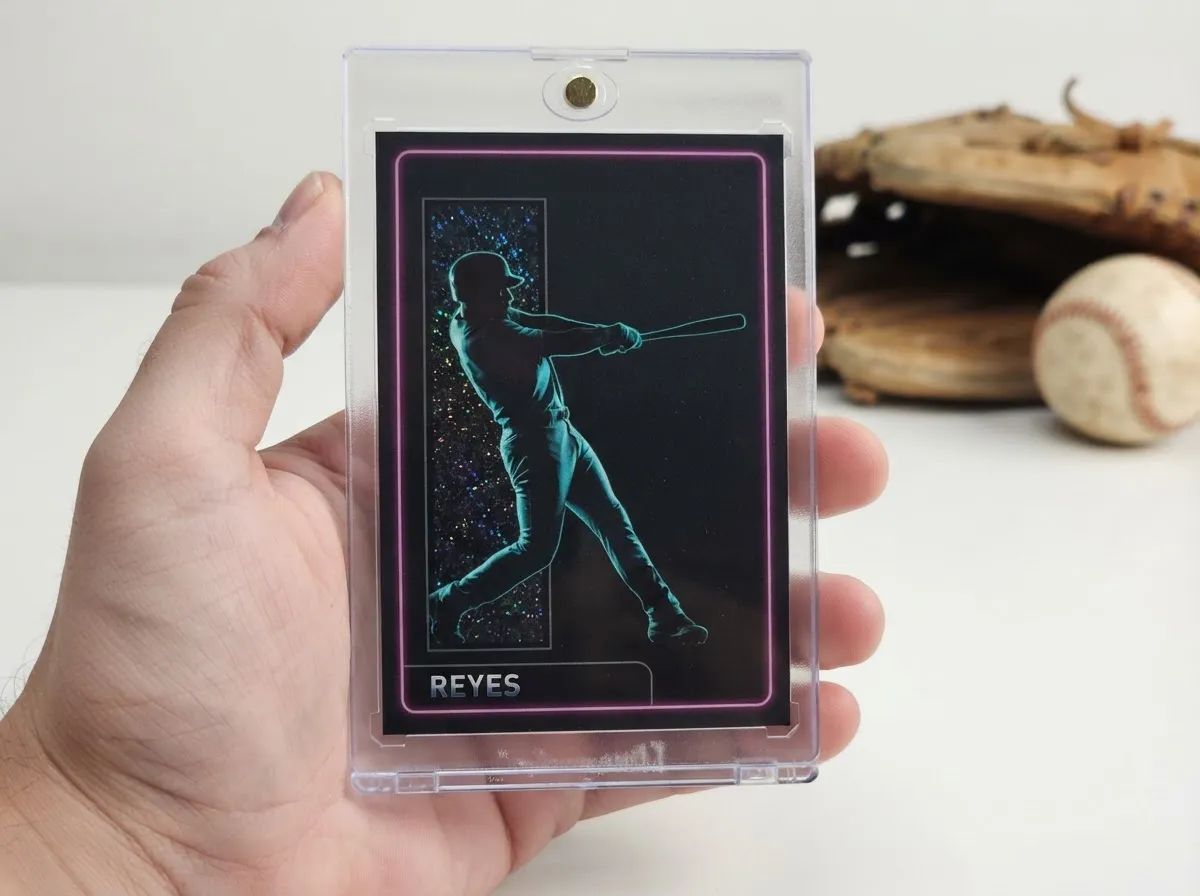 Custom baseball trading card in magnetic case, neon-lit night-style batter design.