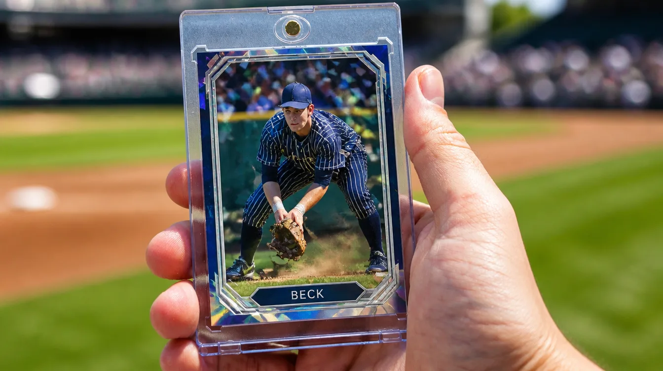 Custom Topps-style baseball card held in a one-touch magnetic display case