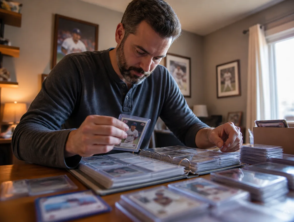 Collector organizing a custom baseball card collection