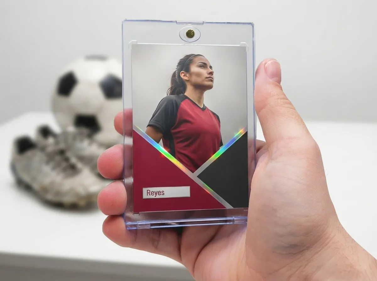 Hand holding magnetic case with crimson diagonal-frame custom sports trading card design.