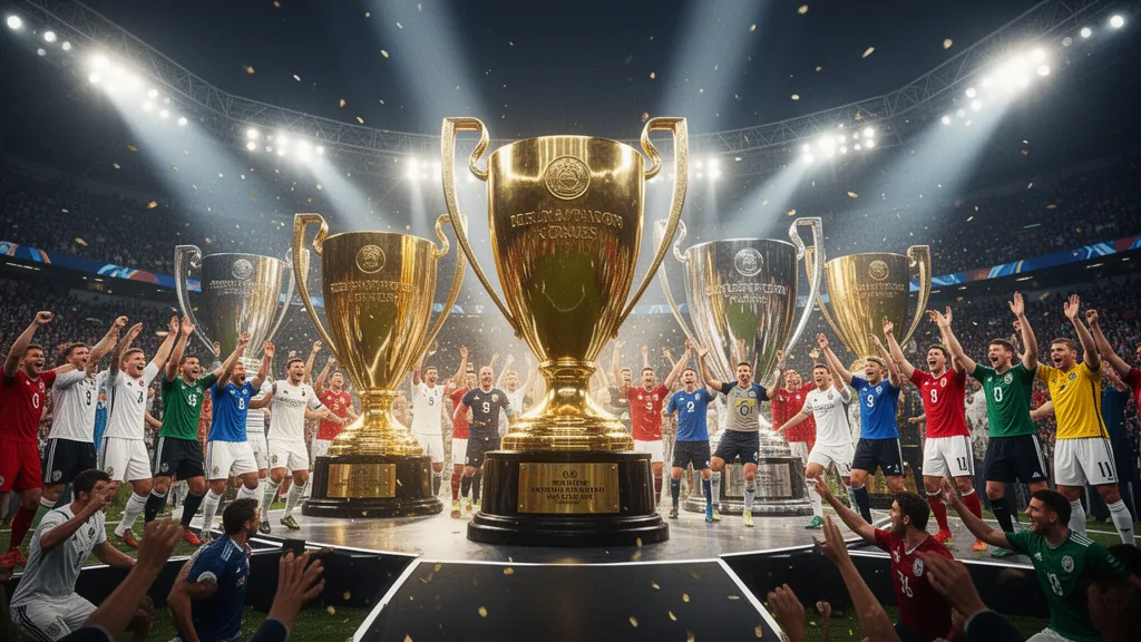 Athlete holding big trophies next to a custom Snapshot sports trading card on premium card stock