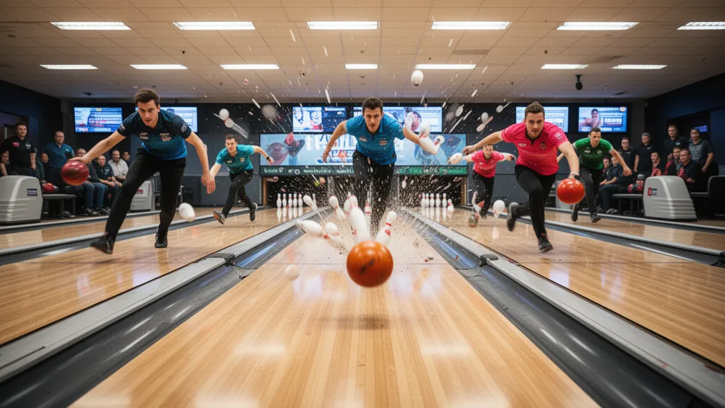 Bowler mid-approach at lane during a weekend bowling tournament with custom trading card overlay