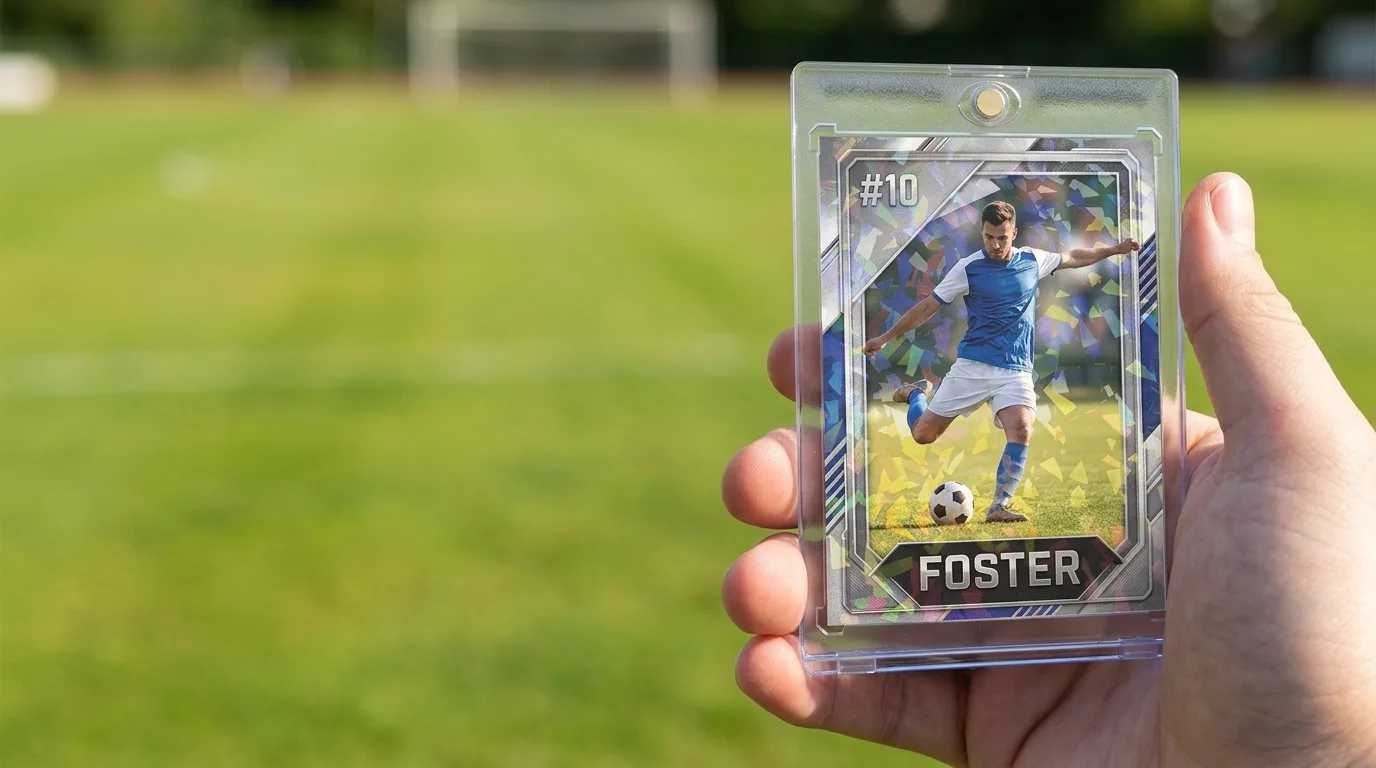 cards soccer: a custom printed trading card in a magnetic case, held in hand