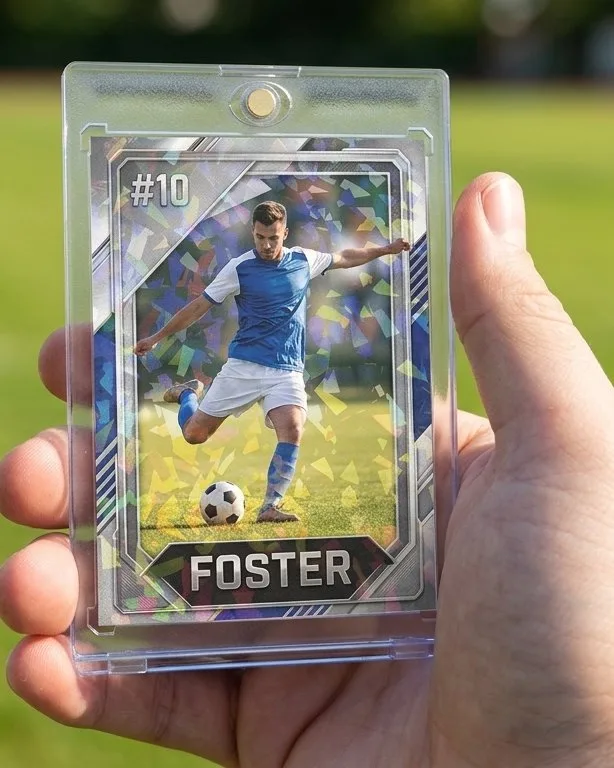 Close-up of a custom trading card in a magnetic case for cards soccer