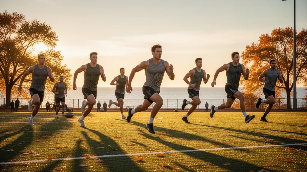 Chicago athletes in dynamic motion during outdoor autumn sports action with Lake Michigan backdrop and golden hour lighting.