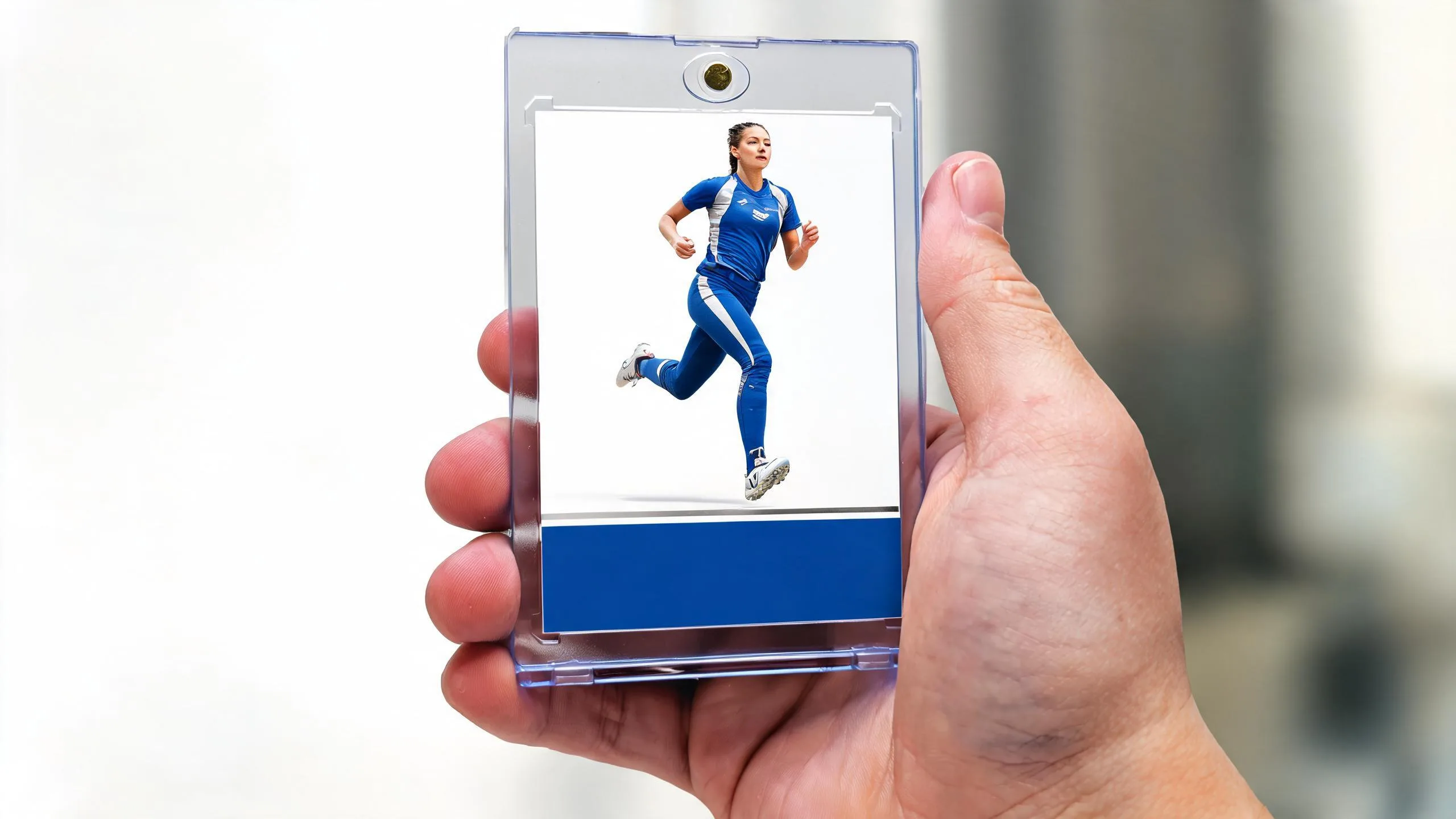 Hand holding a magnetic case with a choice marketing sports card, blank action-photo card design.