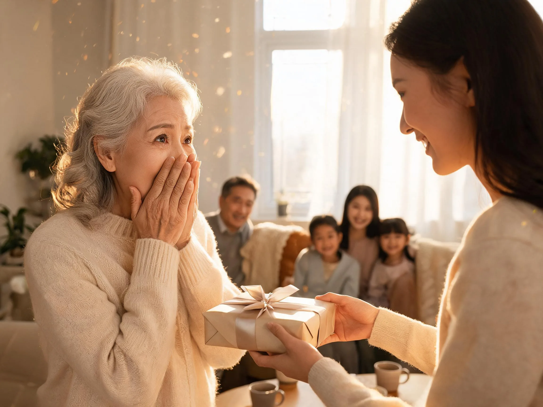 Woman reacting with genuine surprise and joy while receiving an unexpected gift indoors.