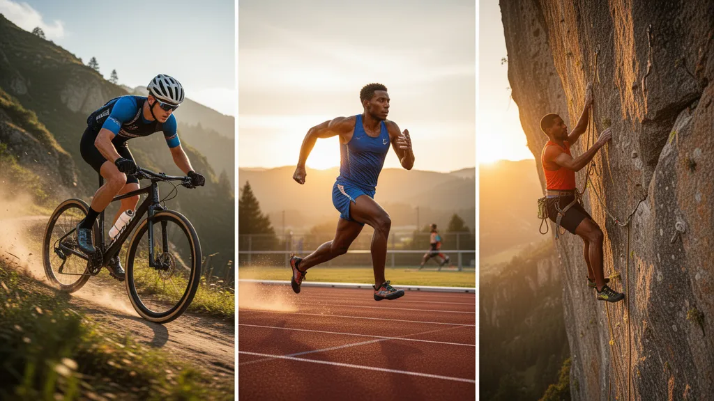 Multiple athletes competing in different sports with energetic outdoor natural lighting and motion
