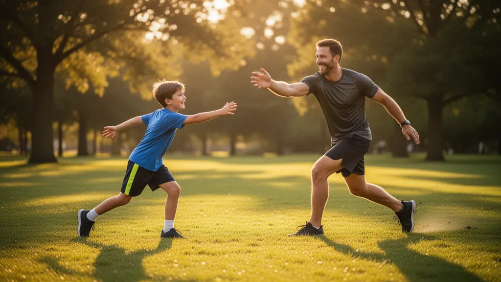 Father and son playing catch outdoors in golden sunlight with genuine smiles and athletic motion