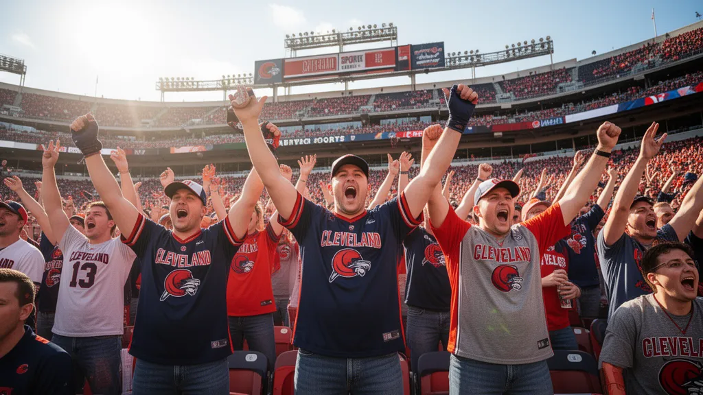 Cleveland sports fans celebrating enthusiastically in stadium stands with raised arms and team apparel