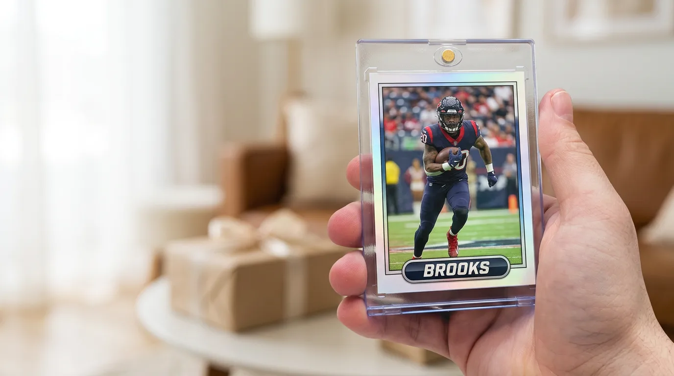 college sports christmas gifts: a custom printed trading card in a magnetic case, held in hand