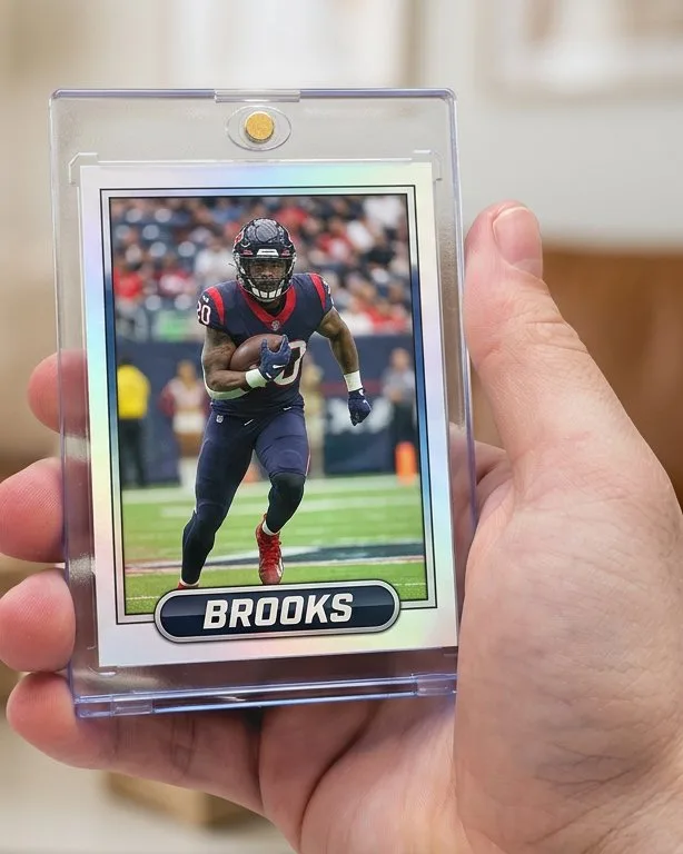 Close-up of a custom trading card in a magnetic case for college sports christmas gifts
