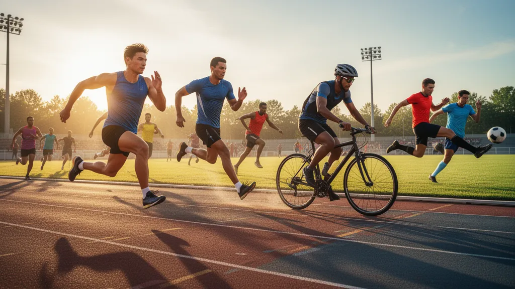 Multiple athletes in action across different sports with natural outdoor lighting and dynamic movement