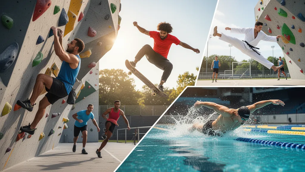[Multiple athletes competing in different sports simultaneously with intense focus and dynamic motion under natural sunlight]