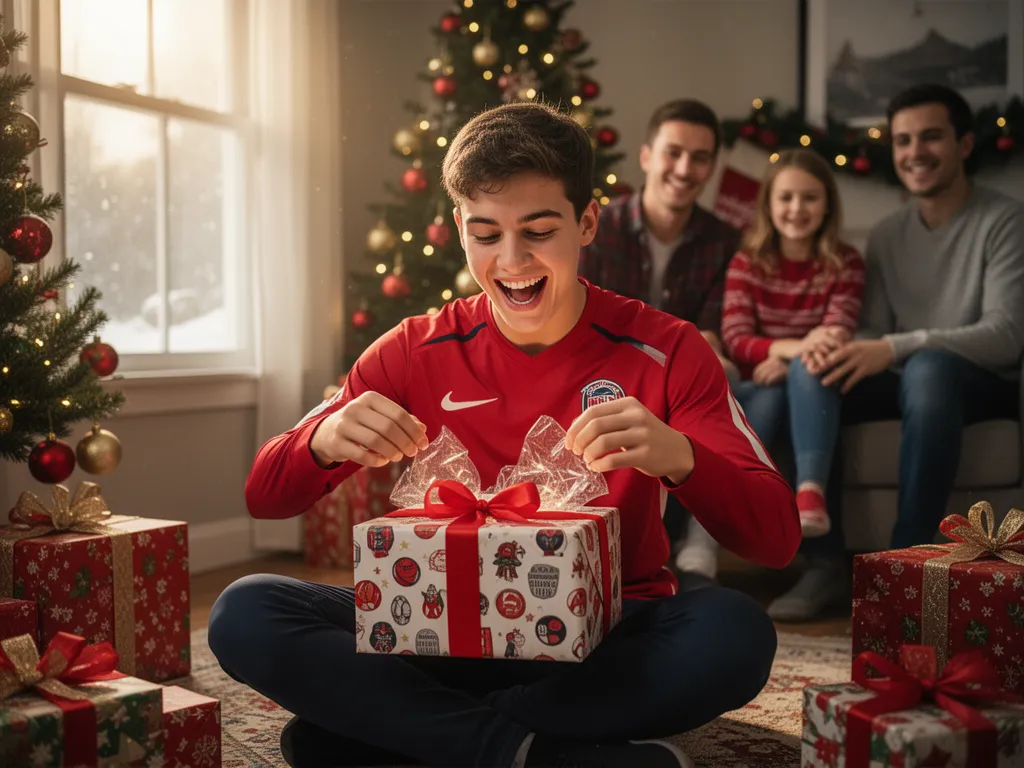 [Child's delighted face opening sports gift on Christmas morning surrounded by family members]