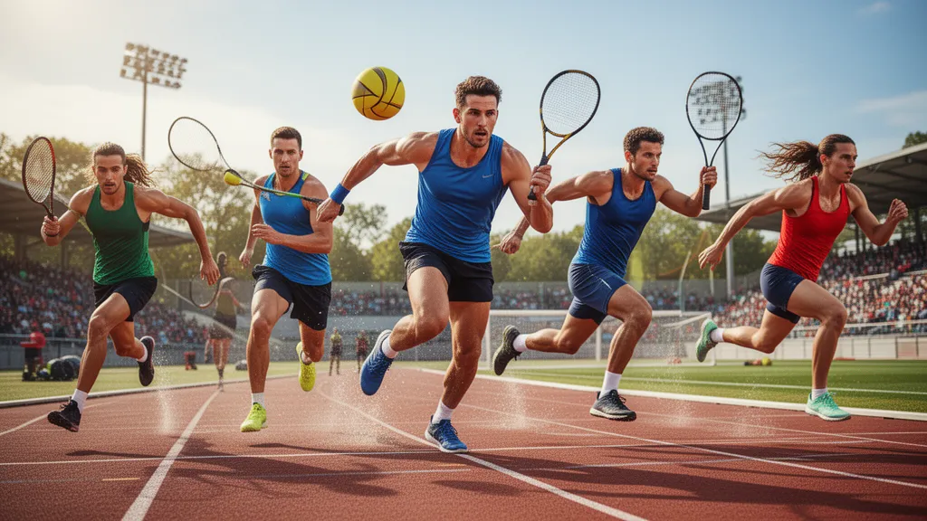 [Multiple athletes competing in various sports with natural outdoor lighting and dynamic movement]