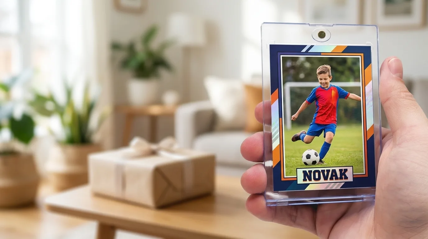 cool sports gifts for kids: a custom printed trading card in a magnetic case, held in hand