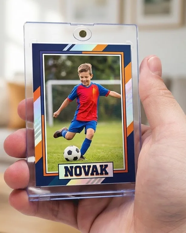 Close-up of a custom trading card in a magnetic case for cool sports gifts for kids