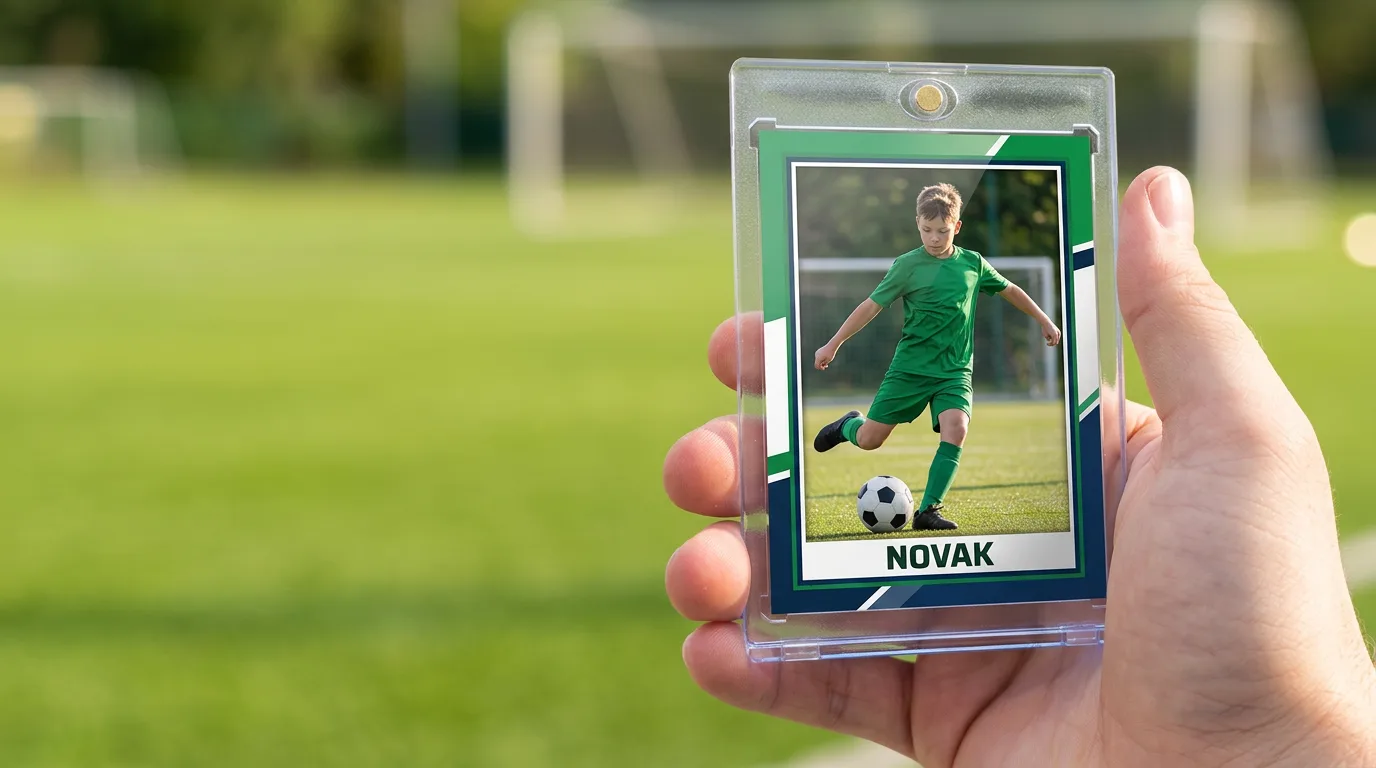 coupon code for custom sports cards: a custom printed trading card in a magnetic case, held in hand