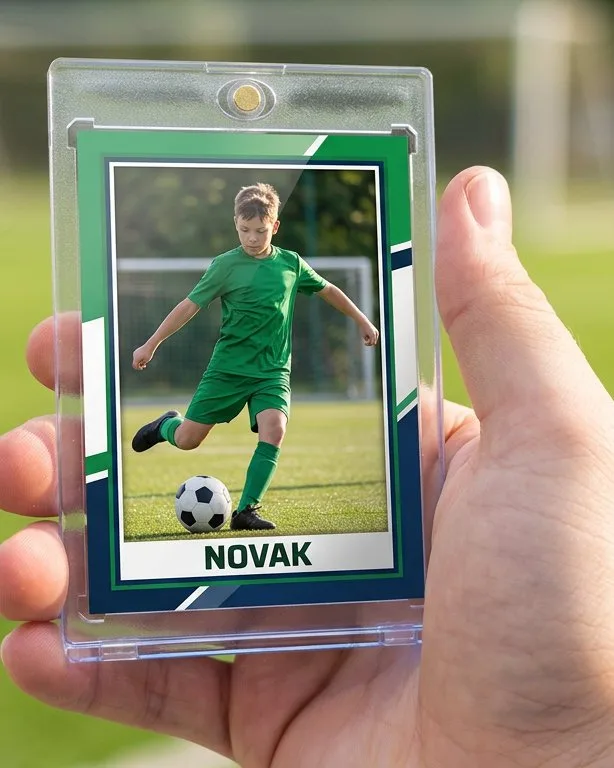 Close-up of a custom trading card in a magnetic case for coupon code for custom sports cards