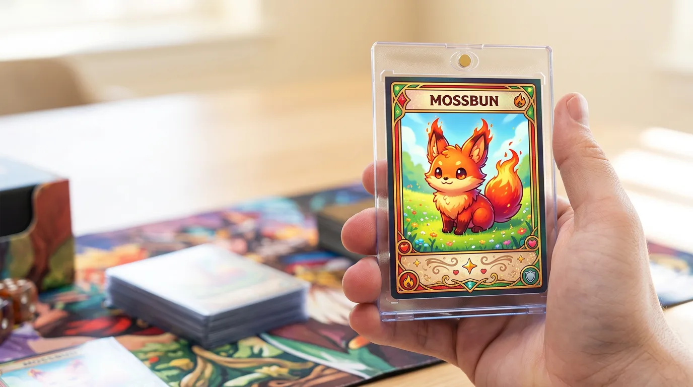create pokemon team picture: a custom printed trading card in a magnetic case, held in hand
