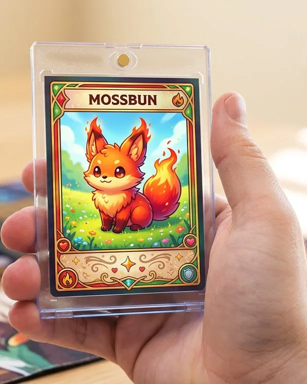 Close-up of a custom trading card in a magnetic case for create pokemon team picture