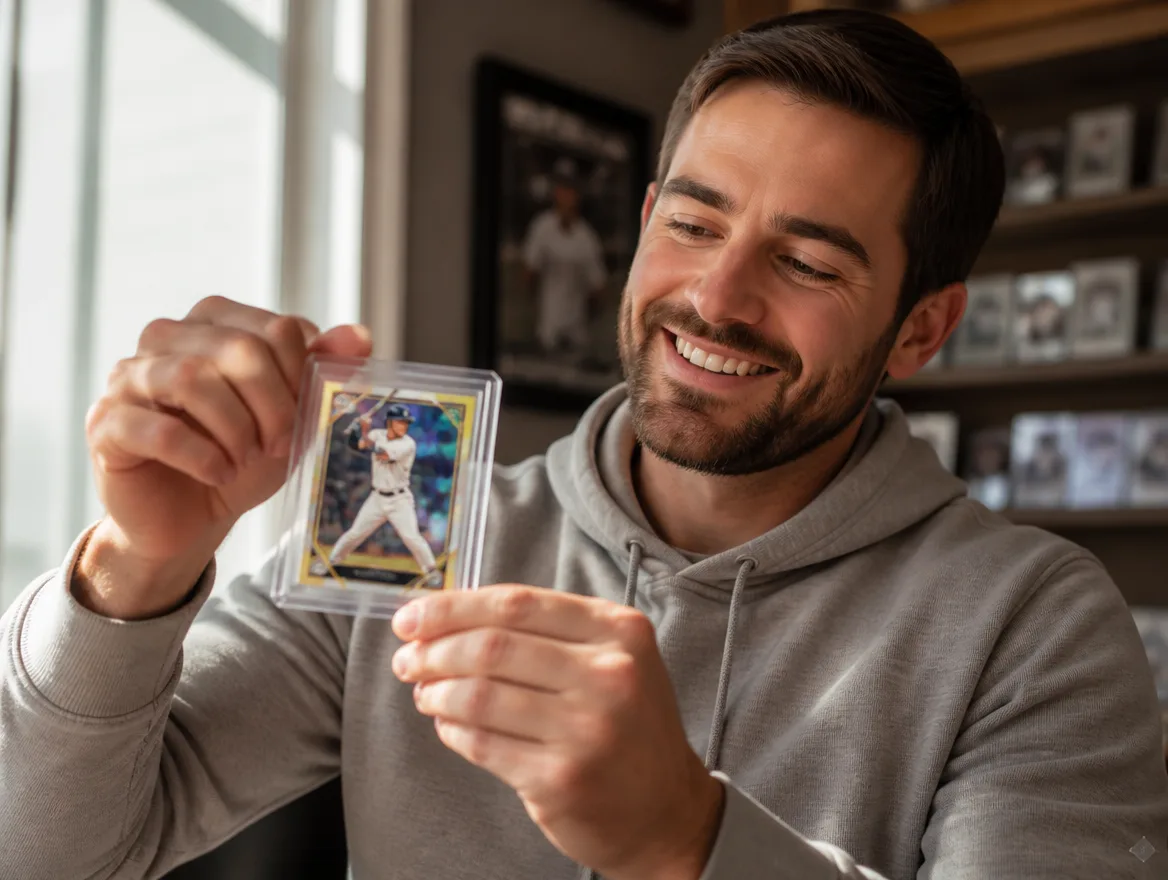 Illustrative baseball card gift mockup; review the current template and physical finish before ordering