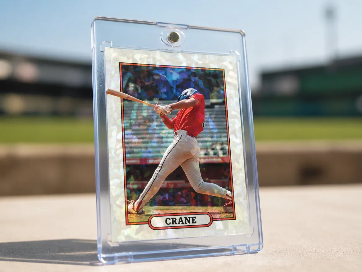Illustrative baseball card gift mockup; review the current template and physical finish before ordering