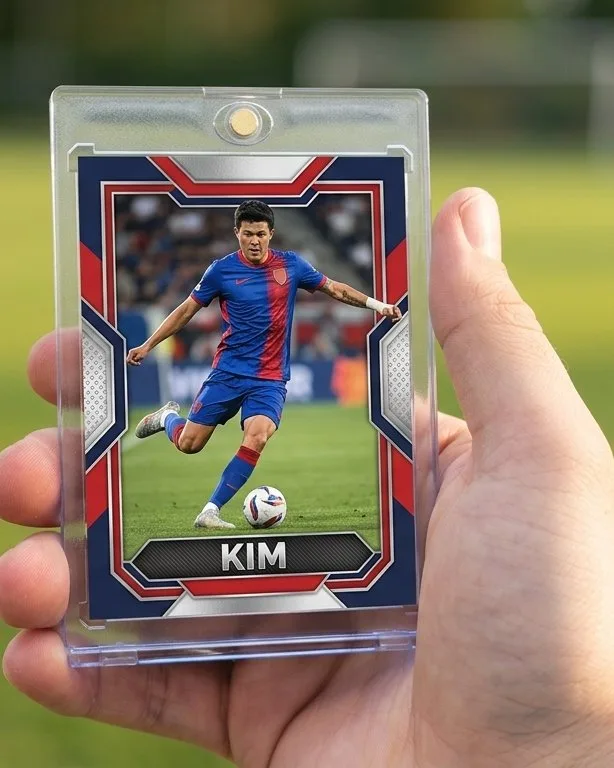Close-up of a custom trading card in a magnetic case for custom card packs