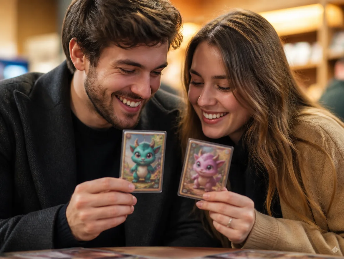 Illustrative couples character card gift mockup; review the current template and physical finish before ordering