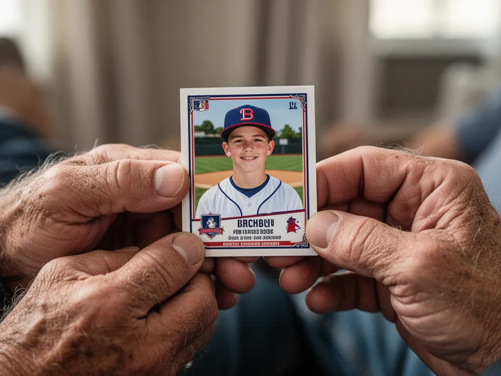 Father holding personalized custom baseball trading card gift from his children on Father's Day