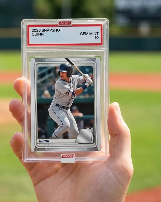 Close-up of a custom trading card in a graded slab for custom graded sports cards