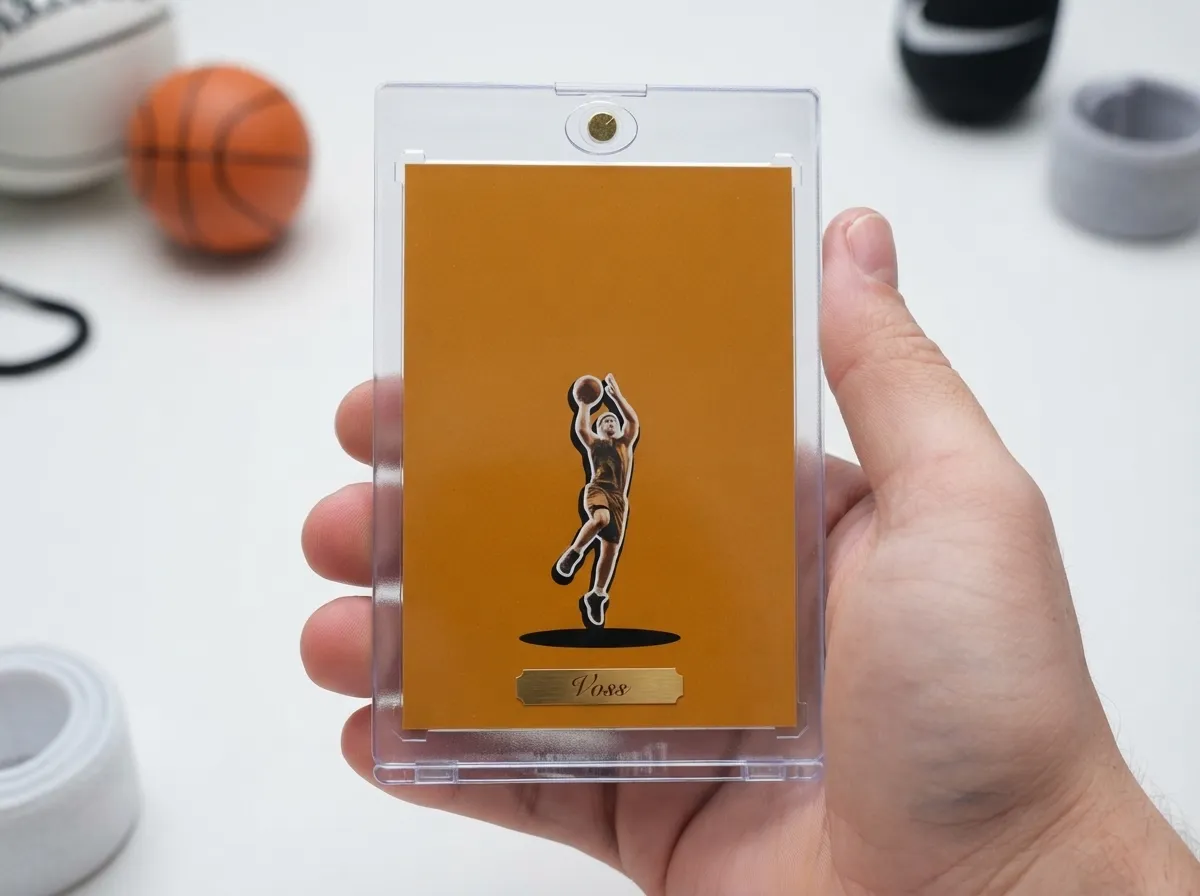 Custom sports trading card in magnetic case, amber card showing basketball player mid-shot.