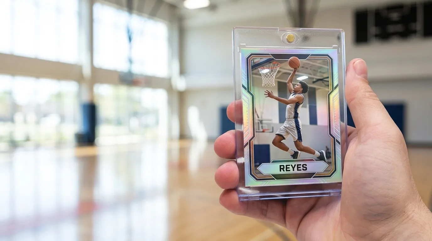 custom non sport.card: a custom printed trading card in a magnetic case, held in hand