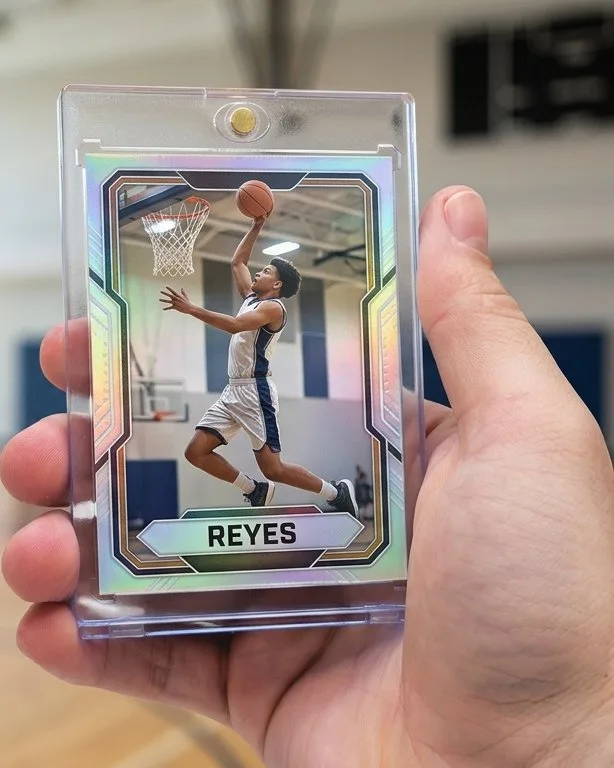 Close-up of a custom trading card in a magnetic case for custom non sport.card