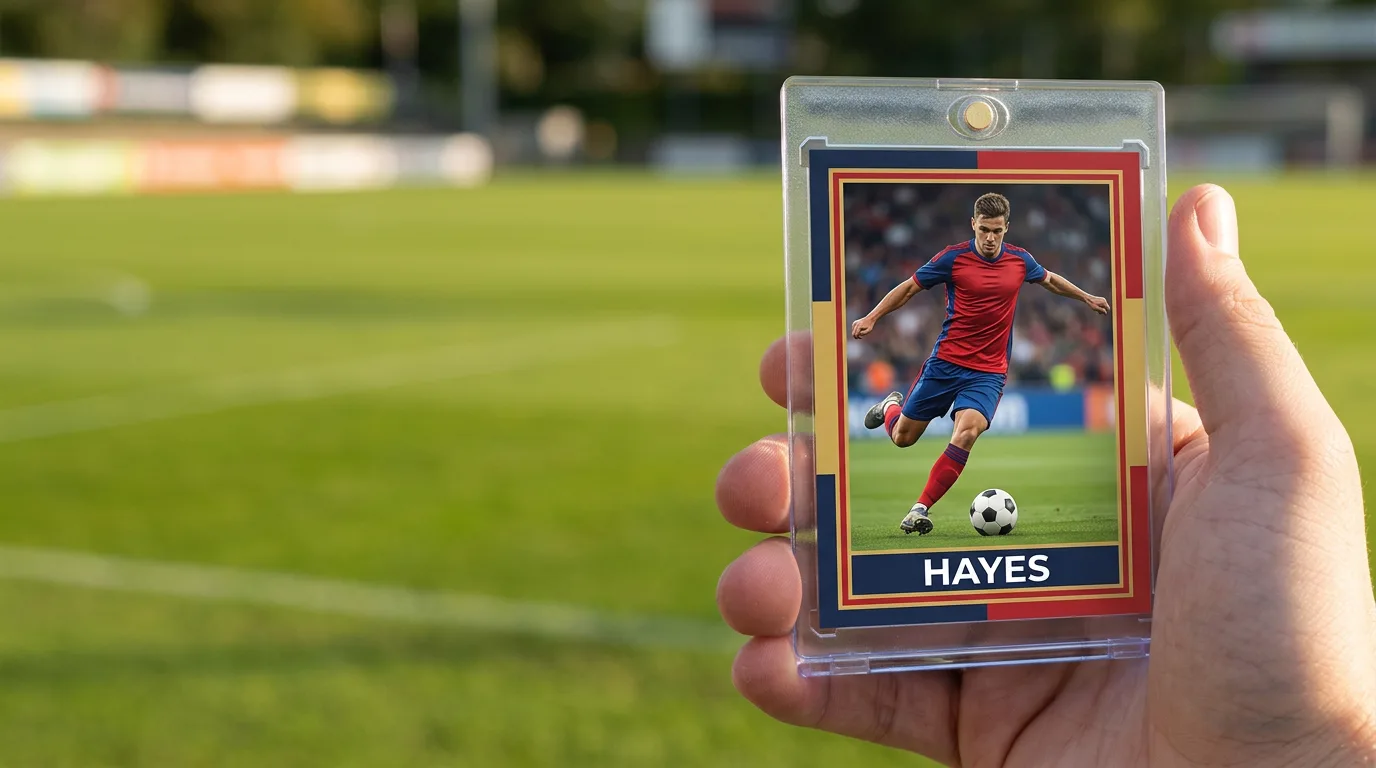 custom soccer sports cards: a custom printed trading card in a magnetic case, held in hand