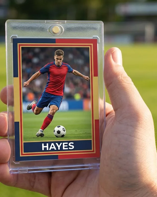 Close-up of a custom trading card in a magnetic case for custom soccer sports cards
