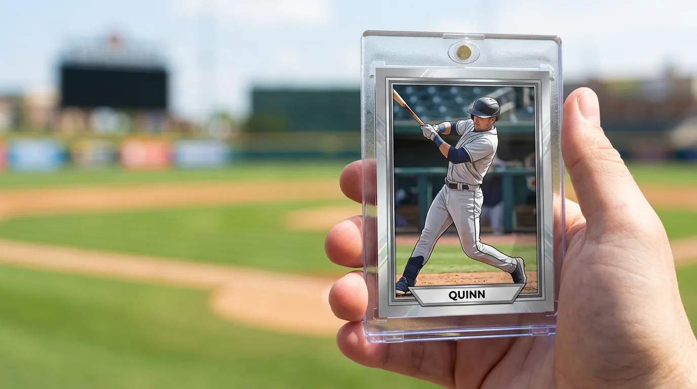 custom sports card boxes: a custom printed trading card in a magnetic case, held in hand