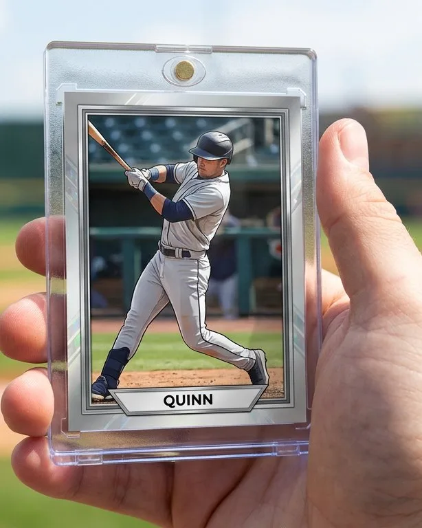 Close-up of a custom trading card in a magnetic case for custom sports card boxes