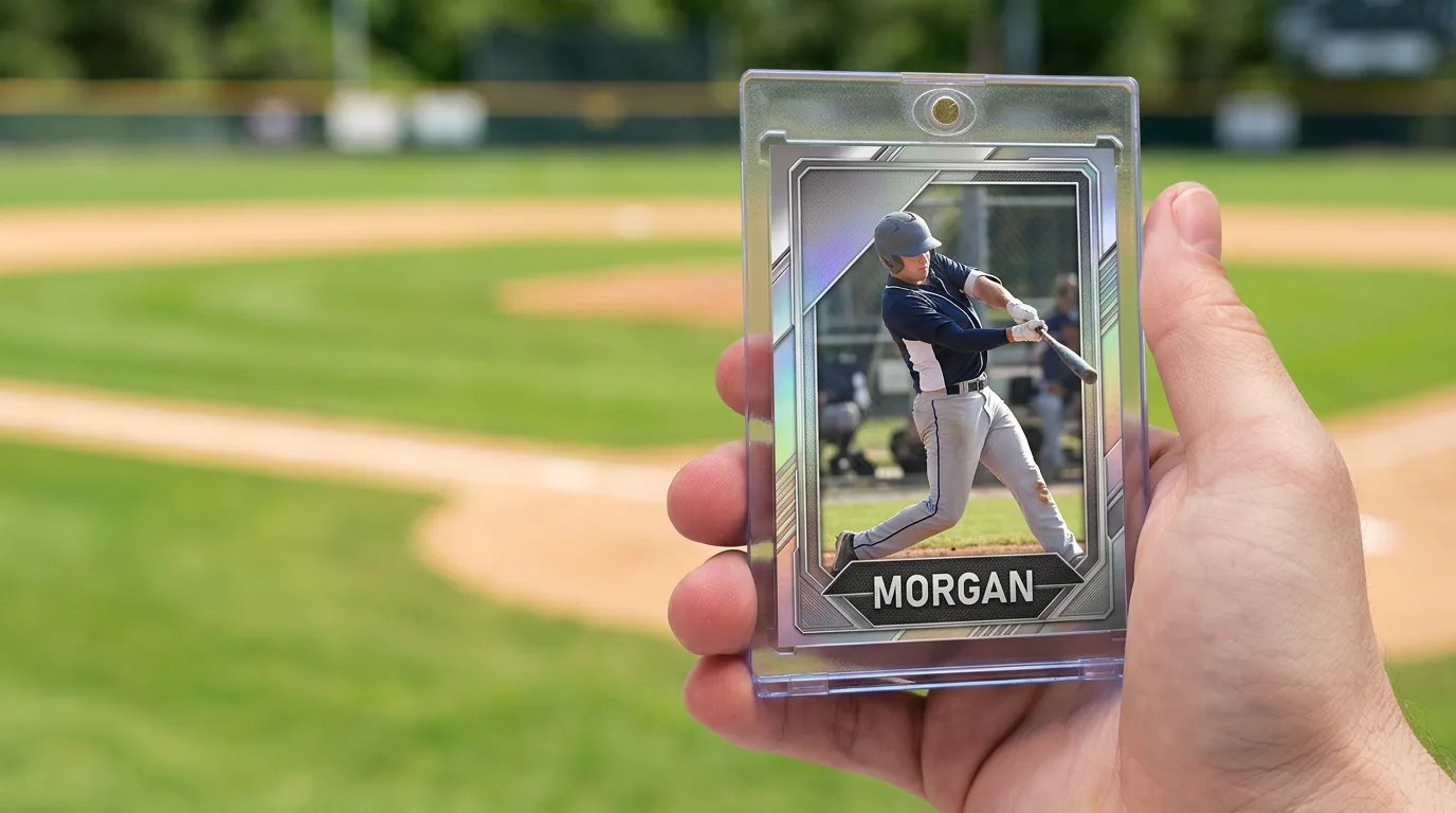 custom sports card case: a custom printed trading card in a magnetic case, held in hand