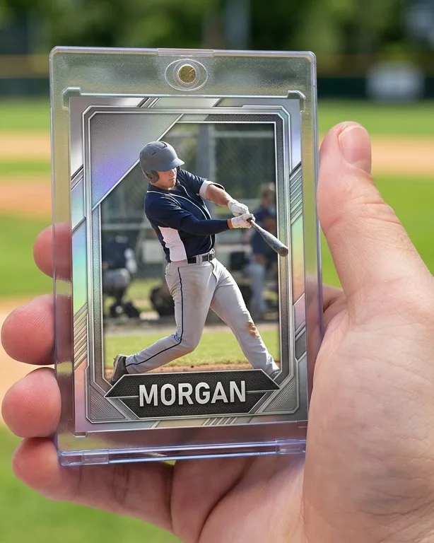 Close-up of a custom trading card in a magnetic case for custom sports card case
