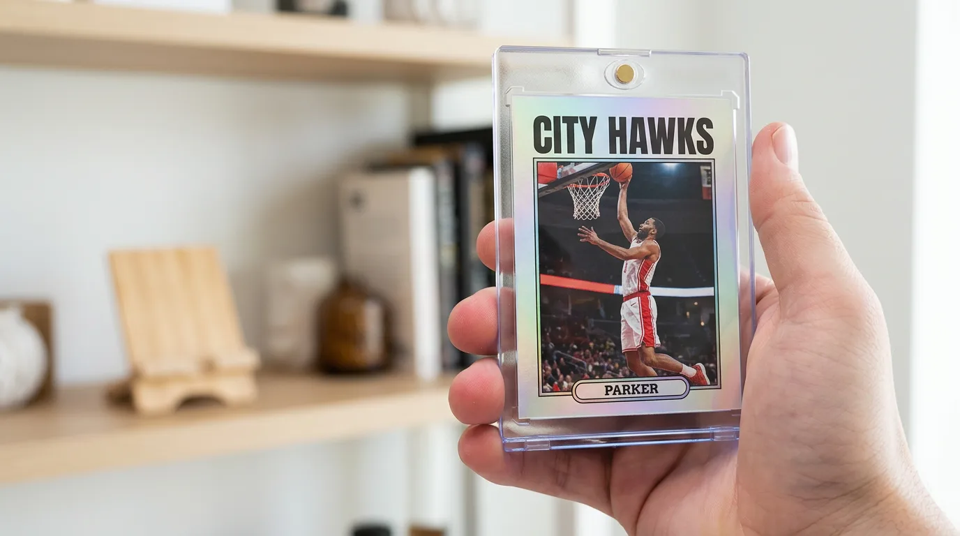 custom sports card plaques: a custom printed trading card in a magnetic case, held in hand