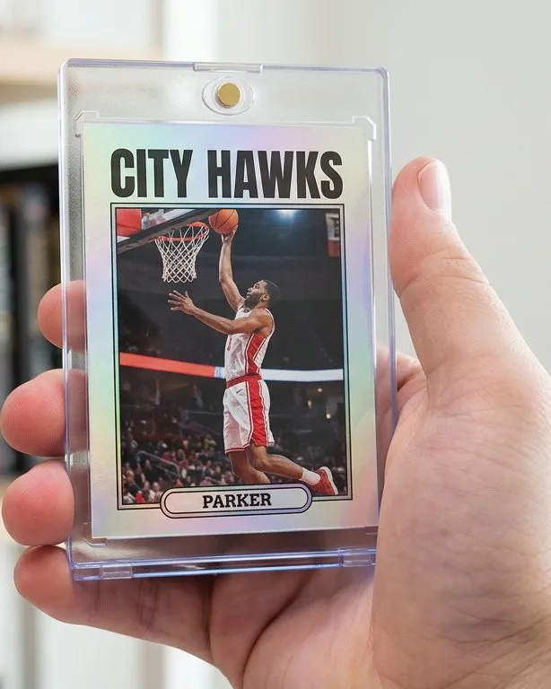 Close-up of a custom trading card in a magnetic case for custom sports card plaques
